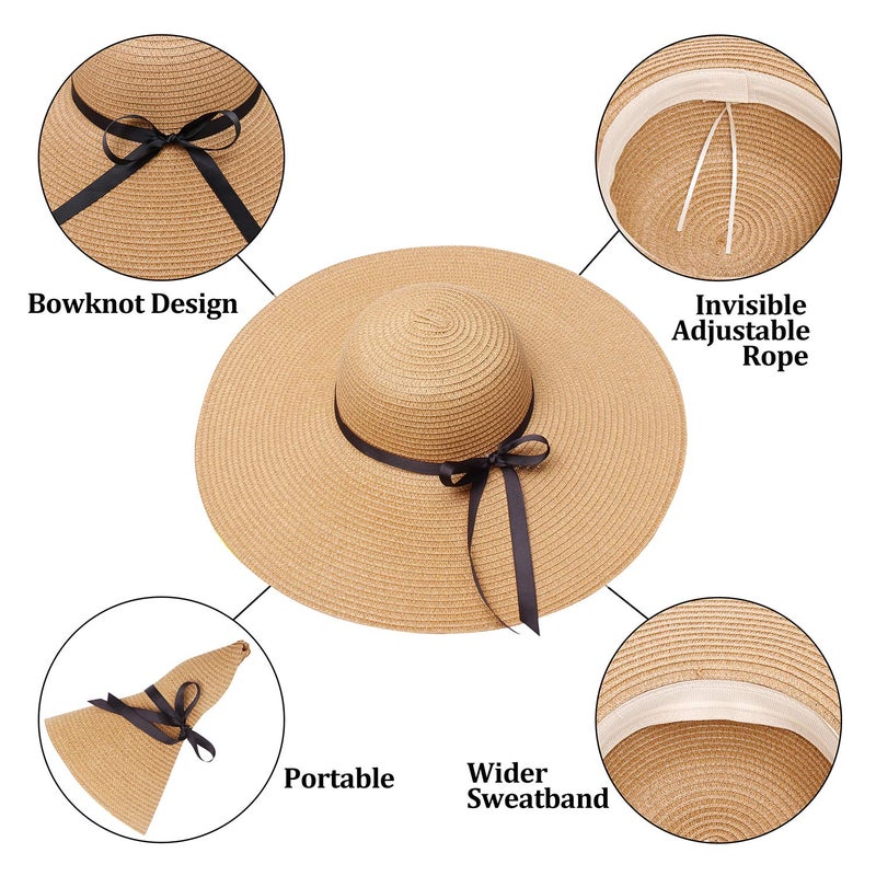 Double Couple Womens Straw Hat Wide Brim Floppy Beach Sun Hat for Women UPF 50+ Adjustable Strap Vacation - Image 2